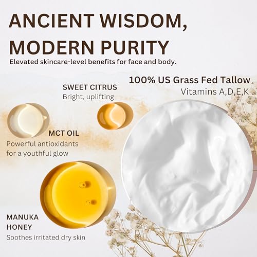 Whipped Beef Tallow for Skin - 100% Pure, Grass Fed Tallow Moisturizer for Face and Body - Organic Honey Beef Balm for Sensitive Skin - Quick Absorbing Hydration (Sweet Citrus)