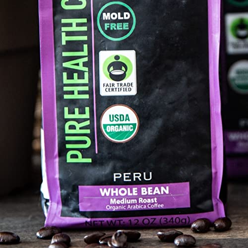 Mold Free Pure Health Coffee - Organic Fair Trade Specialty Grade Low Acid Clean Coffee 12oz (Whole Bean)