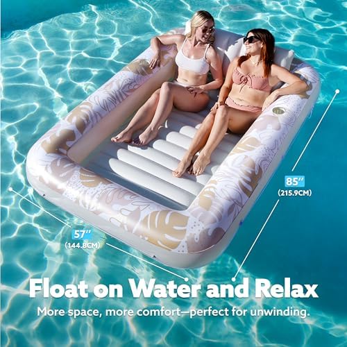 SLOOSH Inflatable Tanning Pool Lounger Float, 85" x 57" Extra Large Pool Floats Adult with Pillow, 4 in 1 Suntan Tub Raft Floatie,Sunbathing Bed Lounge for Water Blow Up Ball Pit, XL-Golden White