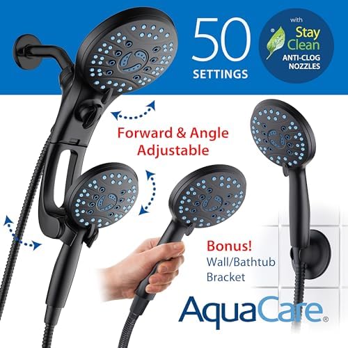 Hotel Spa AquaCare As-Seen-On-TV High Pressure Handheld/Rain 50-mode 3-way Shower Head Combo with Adjustable Arm - Anti-clog Nozzles, Tub & Pet Power Wash, 6 ft. Hose, Matte Black Finish