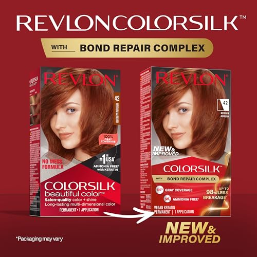 Revlon ColorSilk with Bond Repair Complex, Permanent Hair Color, 100% Gray Coverage, Ammonia Free Hair Dye, Vegan Keratin, 42 Medium Auburn (Pack of 3)