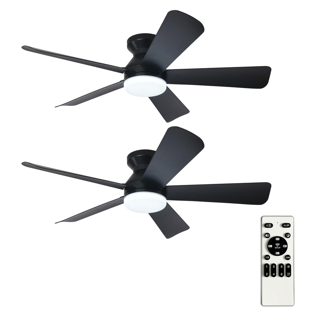 Depuley 42-Inch Ceiling Fans with Lights: Indoor/Outdoor Flush Mount Ceiling Fan with Remote Control - Black 5 Blade Low Profile Fandelier for Kitchen Gazebo - Reversible Quiet Timer - 2 Packs