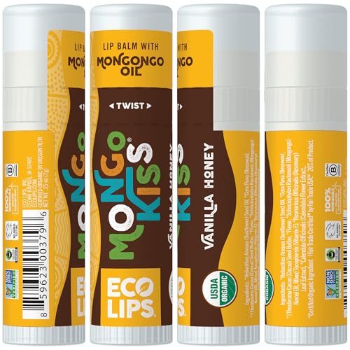 LIP BALM Mongo Kiss 6-Pack (6 tubes) Vanilla Honey by Eco Lips 100% Organic Beeswax & Cocoa Butter Lip Care with Organic Mongongo Oil - Soothe & Moisturize Dry and Cracked Lips - Made in USA