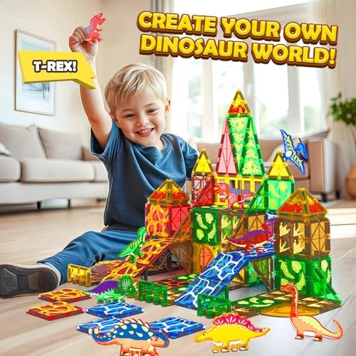 102PCS Dinosaur Toys Magnetic Tiles with 8 Dinosaurs for Kids 3-5 5-7, Jurassic Scenes Dinosaur World Set, Magnetic Blocks Kids Sensory Toys for Boys & Girls Ages 3+, Classroom Must Haves