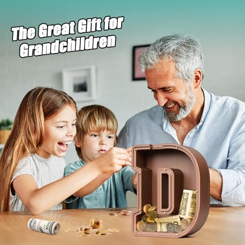 Summidate Wooden Letter Piggy Bank, Extra Thick Large Capacity Piggy Bank for Kids Boys Girls Toddler, Alphabet D Money Bank| Coin Box Birthday, Christmas, Festival