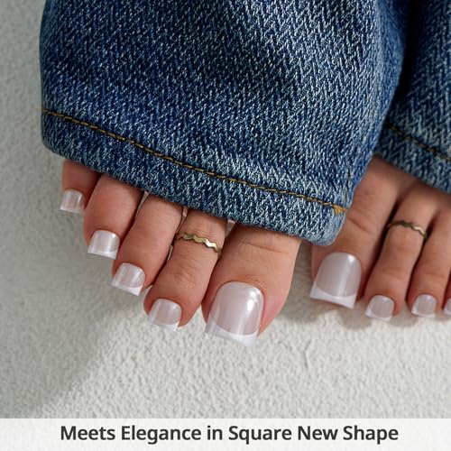 BTArtbox Press On Toenails - Lamp-Curable Real Square French Tip Toe Nail Press Ons with Glue for Women, Semi-Transparent Fake Toe Nail Tips in 15 Sizes - 30 Toenails Kit, Alabaster
