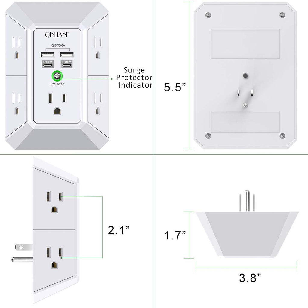 USB Wall Charger, Surge Protector, QINLIANF 5 Outlet Extender with 4 USB Charging Ports(2U2C) 3-Sided 1680J Power Strip Multi Plug Outlets Wall Adapter Spaced for Home Travel Office, White