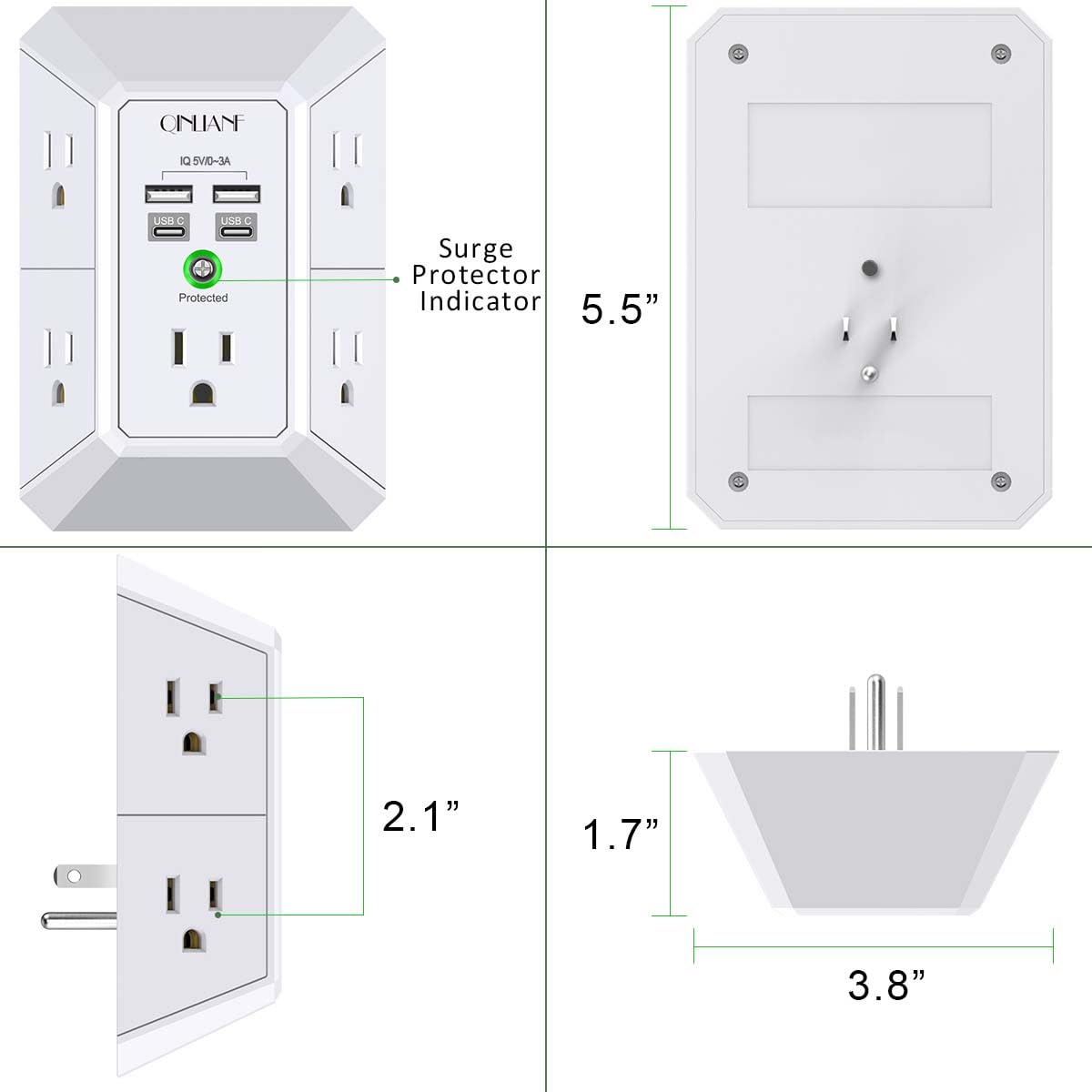 USB Wall Charger, Surge Protector, QINLIANF 5 Outlet Extender with 4 USB Charging Ports(2U2C) 3-Sided 1680J Power Strip Multi Plug Outlets Wall Adapter Spaced for Home Travel Office, White