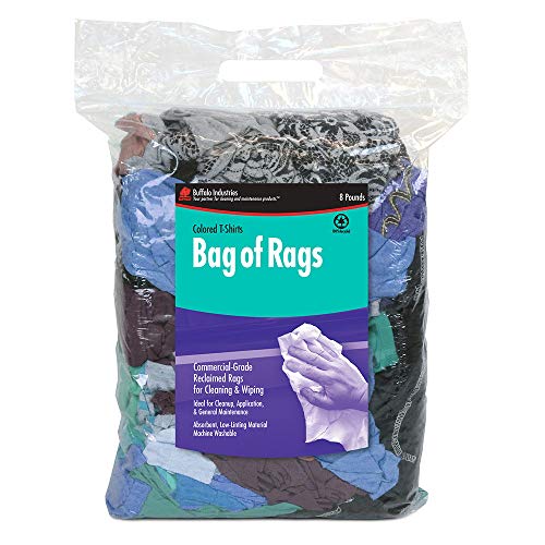 Buffalo Industries (10087PB Recycled Multicolored T-Shirt Cloth Rags, 8 lb. Bag, All-Purpose Rag for Cleaning, Paint Spills and Cleanup, Staining, Polishing, Dusting, Made from Recycled Materials