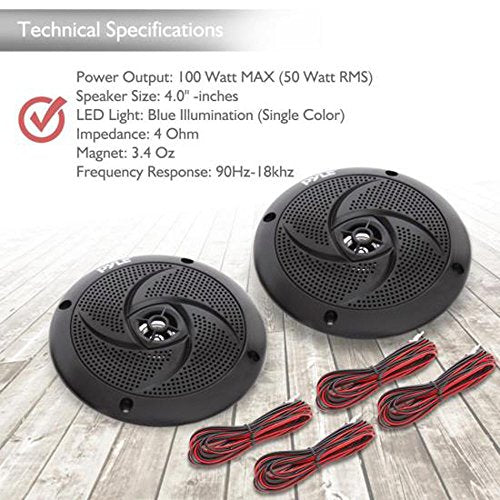 Pyle Low-Profile Waterproof Marine Speakers - 100W 4 Inch 2 Way 1 Pair Slim Style Waterproof Weather Resistant Outdoor Audio Stereo Sound System w/ Blue Illuminating LED Lights - Pyle (Black)