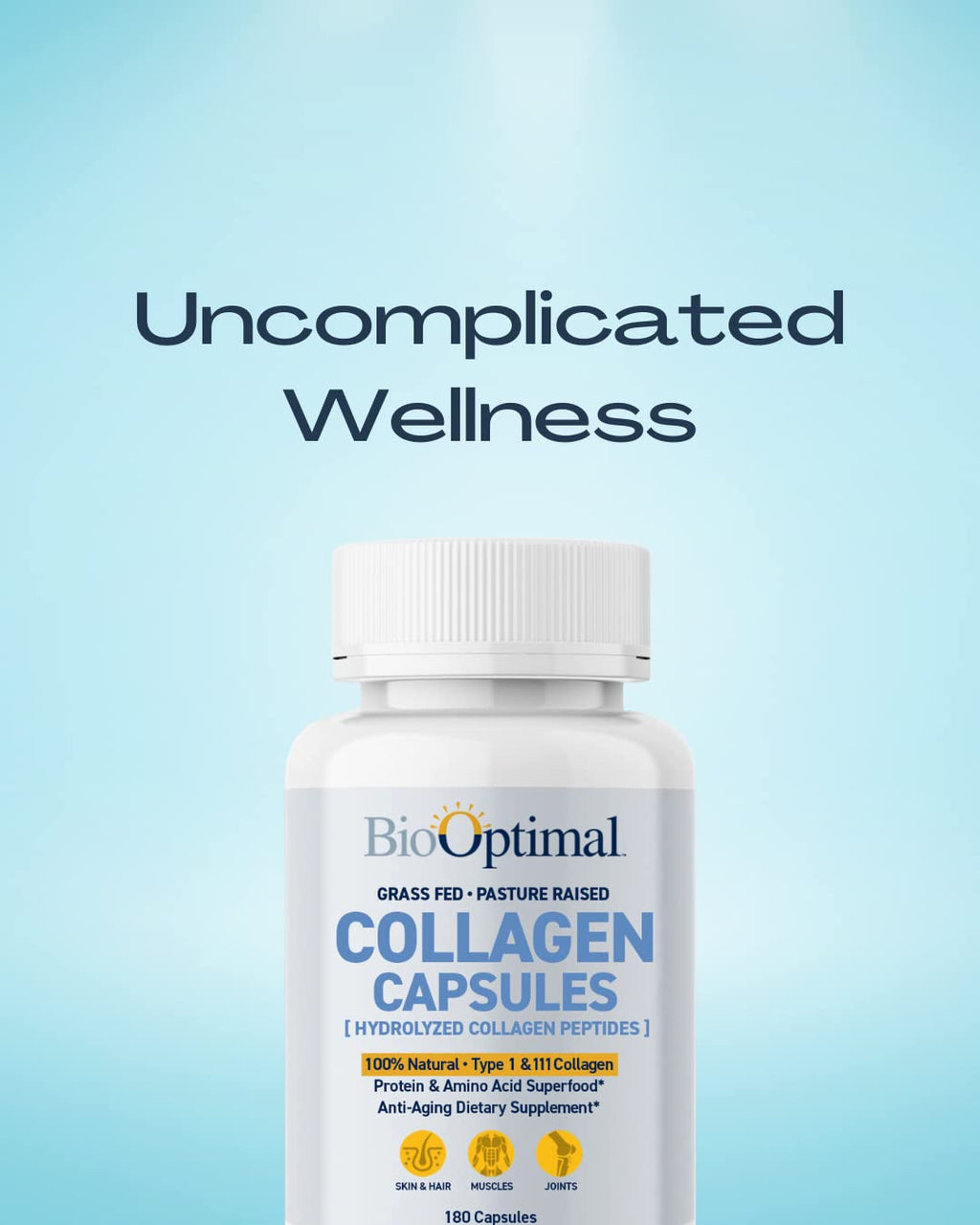 BioOptimal Collagen Peptides Capsules - Grass-Fed, Pasture-Raised Hydrolyzed Protein Supplement for Skin, Hair, & Nails - Non-GMO, Zero Sugar Daily Pills for Men & Women (180 Capsules)