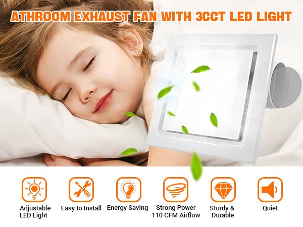 FEITON Square Bathroom Exhaust Fan with LED Light, Adjustable Color Temperature(3000K/4500K/6000K), 110 CFM 30W 4 Inch Duct, 110-220V 1.0 Sones Quiet Bathroom Ventilation Fan Light Combo Ceiling Mount
