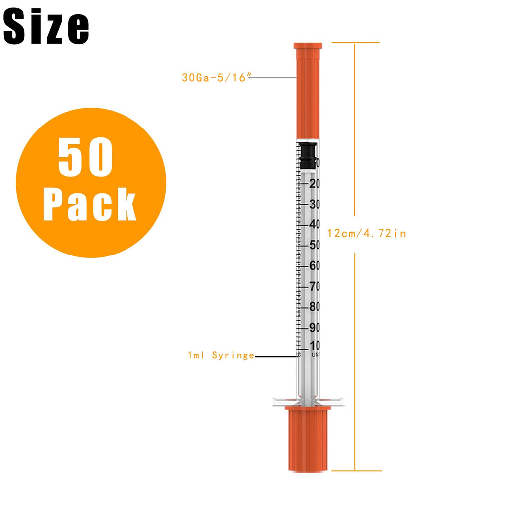 U-100 Disposable Syringes with Needle,1ml/cc,30G 5/16"(8mm) Needle,Individually Wrapped–50 Pack| Lab Supplies