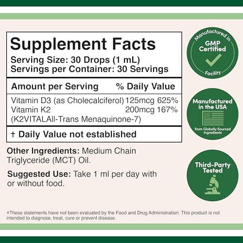 Vitamin D3 K2 5,000 IU Liquid Drops (5,000 IU of D3 and 200mcg of 99.9% All-Trans Patented K2 MK-7 (K2Vital)) Max Absorption Liquid Vitamin D Drops (30 Servings) by Double Wood (Pack of 2)