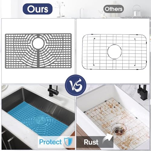 Silicone Sink Protector 30"x16" Rear Drain Hole, Heat Resistant Non-slip Dishwasher Suitable, Large Sink Mat for Bottom of Farmhouse Kitchen Stainless Steel Sink