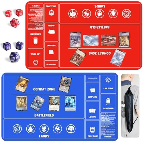 Card Game MTG Playmat for Beginner 2 Pack with Dices, Magic Mat Commander Deck Playmat for TCG MTG Accessories Play Mat 24x14 Inches Duel Card Battles, Red/Blue