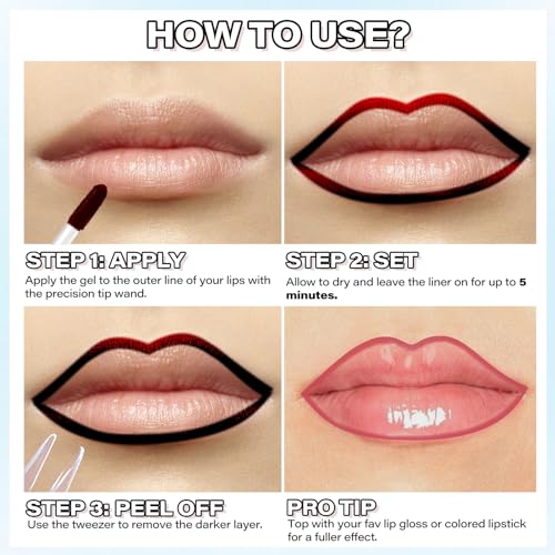 Cilrofelr Peel Off Lip Liner Stain, Long Wear Tattoo Lip Liner with Tweezer, Peel Off Lip Stain with Matte Finish, Long Lasting, Waterproof, Transfer-proof, Highly Pigmented Color (Rose)