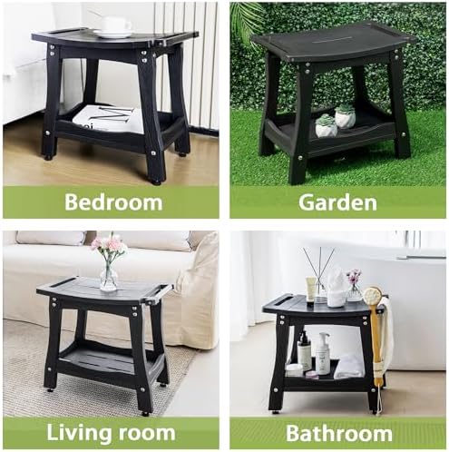 Y&M 2-Tier Bathroom Shower Bench with Waterproof Storage Shelf, HDPE Towel & Shower Head Shelves Curved Seat, Small Tub Chair for Shaving Legs Foot Stool, Bath, Spa, Indoor or Outdoor Use, Black