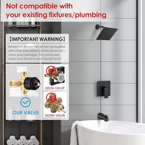 Esnbia Tub Shower Faucet Set (Valve Included) with 6-Inch Rain Shower Head and Tub Spout, Black Shower Head and Handle Set，Single-Handle Tub and Shower Trim Kit, Matte Black