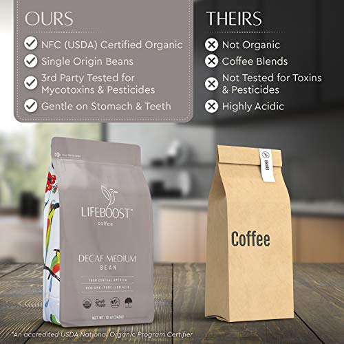 Lifeboost Coffee Medium Decaf Coffee Beans - Swiss Water Decaf Coffee - Low Acid Organic Decaf Coffee Beans - Third Party Tested For Mycotoxins & Pesticides - Whole Bean - 12 Ounces