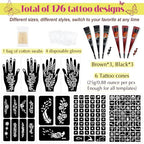 126 PCS Temporary Tattoos Stencils Kit,Henna Tattoos Kit - 6 Pcs 2 Color(Brown Black) Ink with Gloves,DIY Body Art Painting for Women Men Adults Kids