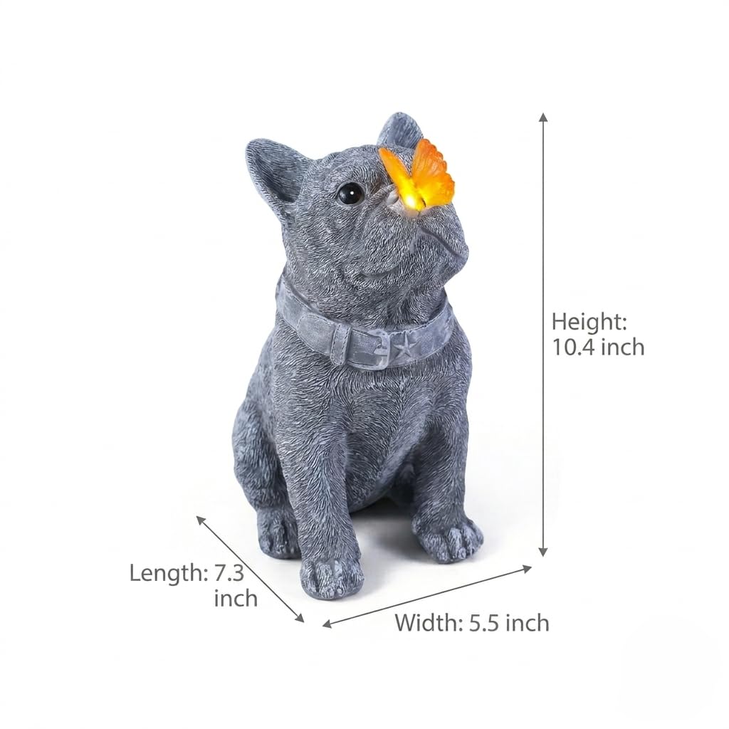 Solar French Bulldog Garden Statue with Butterfly, Outdoor Frenchie Gifts