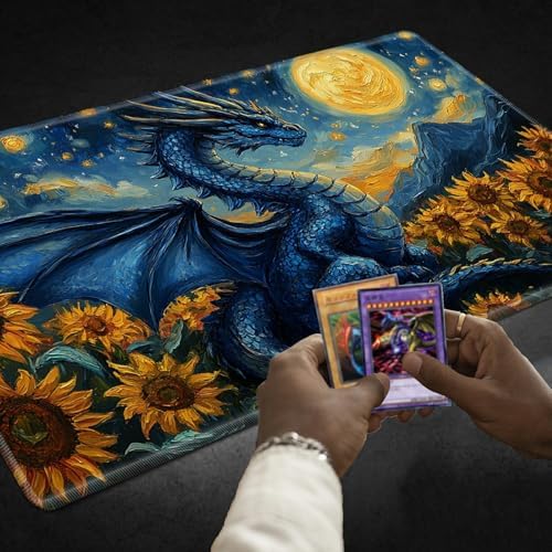 Playmats for Magic: The Gathering MTG Card Game Mat Plus 50 Pcs Card Sleeves, 24 x 14 inch TCG Mat with Stitched Edge for Commander Deck Duskmourn Board Game, Blue Dragon Sunflowers Sky
