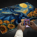 Playmats for Magic: The Gathering MTG Card Game Mat Plus 50 Pcs Card Sleeves, 24 x 14 inch TCG Mat with Stitched Edge for Commander Deck Duskmourn Board Game, Blue Dragon Sunflowers Sky