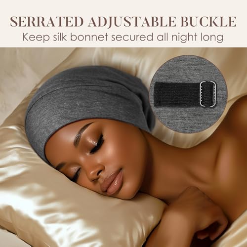 LULUSILK Mulberry Silk Lined Sleep Cap, No More Frizzy Tangled Hair, Stay On All Night Silk Hair Wrap for Sleeping with Adjustable Strap, Silk Bonnet for Women and Men, Dark Grey, Pack of 1