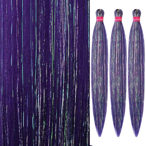 Dark Purple Tinsel Braiding Hair Pre Stretcehd 26 Inch Professional Synthetic Braiding Hair For Crochet Braids Box Braids Boho Braids Croceht Hair Extensions