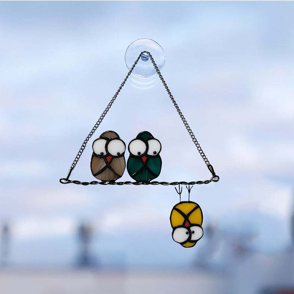 Multicolor Owls on a Wire Suncatcher Panel Stained Glass Window Hanging