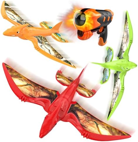 3 Pack Dinosaur Airplane Launcher Toys for Kids, Foam Airplanes for Kids Boys Toys with Stickers, Outdoor Flying Toys Birthday Gifts for 4 5 6 7 8 9 10 12 Year Old Boys Girls.