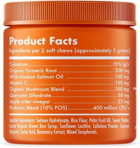 Allergy Relief Chews for Dogs & Immune & Digestive Supplement with Wild Salmon Oil Kelp Colostrum Turmeric Probiotics & Bee Pollen for Seasonal Allergies Anti Itch, Skin Hot Spots 120 Soft Treats
