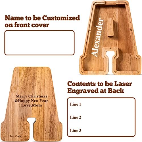 Summidate Customized Name Large Wooden Piggy Bank for Kids Boys Girls Alphabets Letter A-Z Coins Bills Money Change Bank Box Initial on Clear Cover (Laser Engraved) (Alphabet-A, Personalized-9")