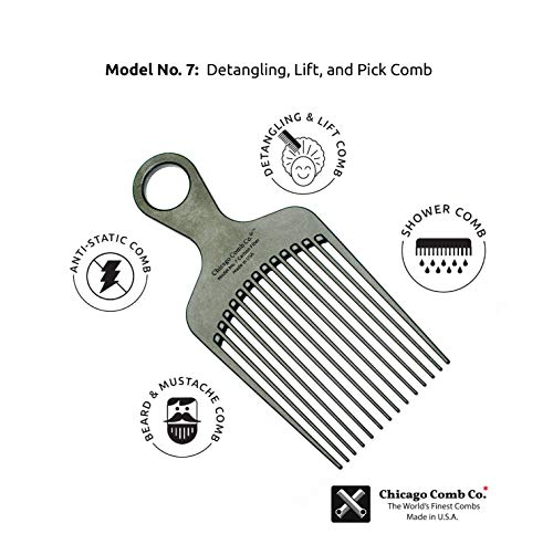 Chicago Comb Model 7 Carbon Fiber Pick Comb, for Long Thick Curly & Afro Hair Styles, Black Color, 6 inches (15 cm)