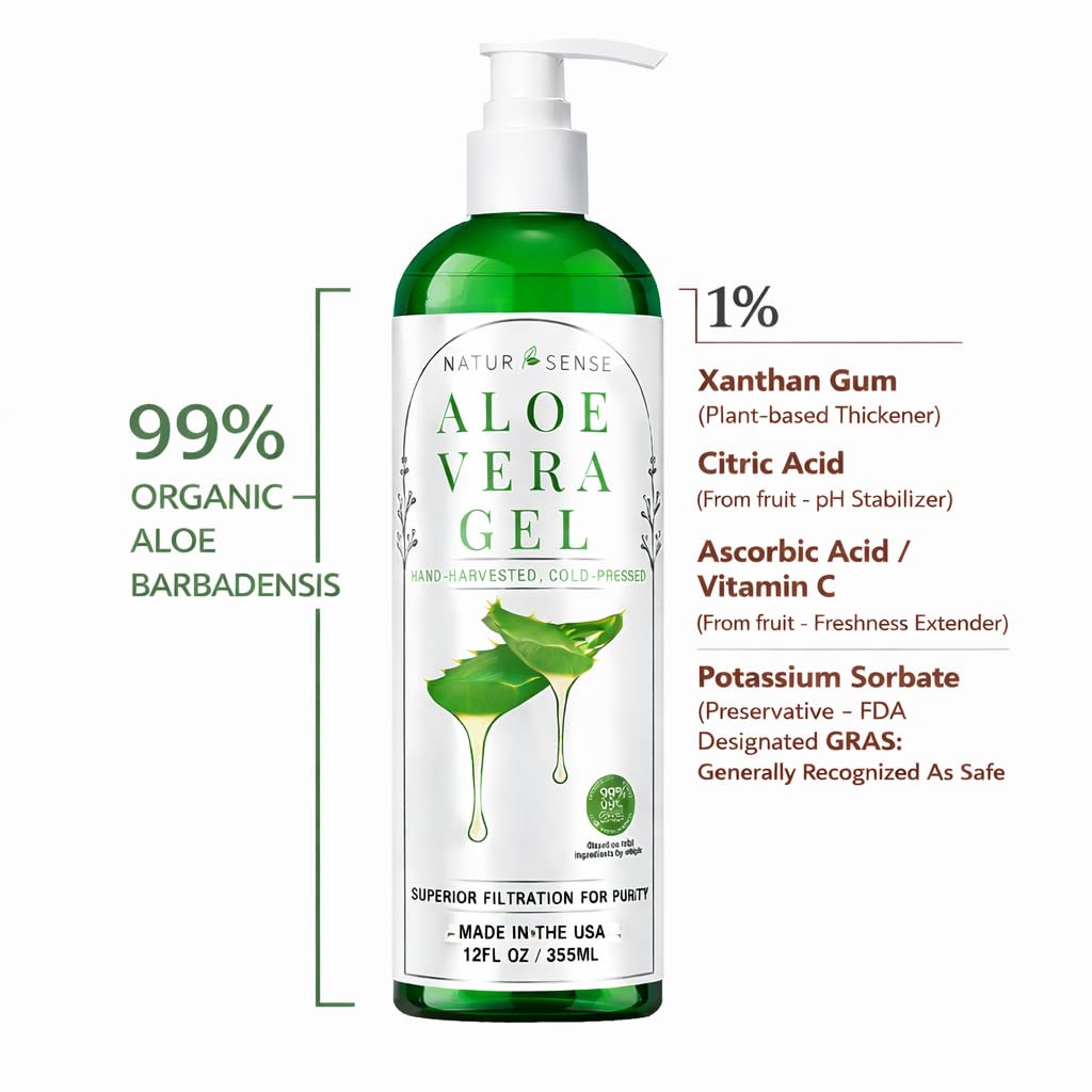 NTRSNS NaturSense 99% Organic Aloe Vera Gel. Deep Hydration, Effective Moisturizing. For Hair, Scalp, Face, Dry Winter Skin, Acne, Sunburn, Sensitive Skin, Shaving. Unscented, 12 oz.
