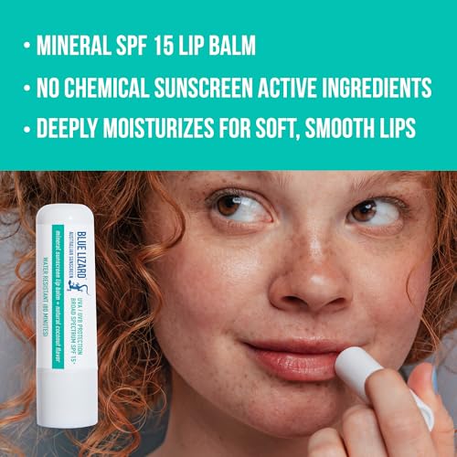 Bundle of BLUE LIZARD Sensitive Mineral Sunscreen with Zinc Oxide Sensitive, SPF 50 5 Fl Oz + 3-Pack Blue Lizard Mineral SPF 15 Lip Balm:Natural Coconut Flavor, Each Tube 0.13 oz.
