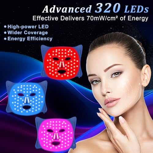 Red Light Therapy for Face, LED Face Mask Light Therapy, Red Light Therapy Mask for Acne, Wrinkles and Skin Rejuvenation, 320 LEDs, 3 Modes, 10-Min Auto Off, Eye Protection Included