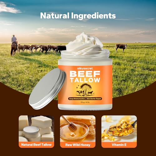 Beef Tallow for Face & Body (4 Oz), Grass-Fed Beef Tallow & Raw Wild Honey Blend, Deep Nourishing Tallow Balm for All Skin Types