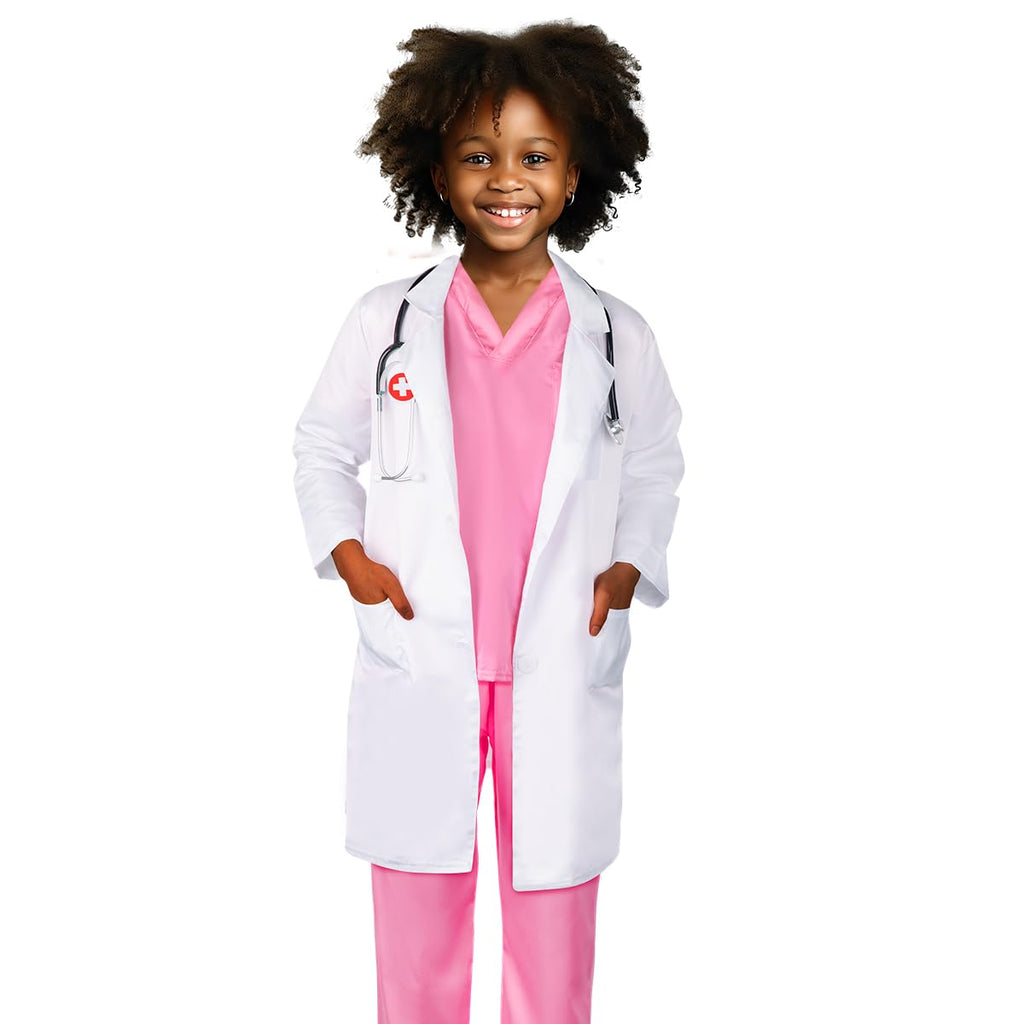 Meland Doctor Costume for Kids 3-10, Kids Dress Up Set with Lab Coat & Accessories for Role Play Halloween(Pink,5-6 Years)