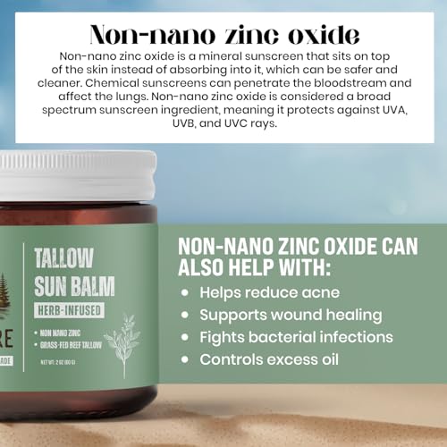 Herb-Infused Grass Fed Tallow Sun Balm SPF 30 (4 oz) | Non Nano Zinc, | Daily use Sun Balm for Face/Body | Beef tallow for skin | Deep moisturizing