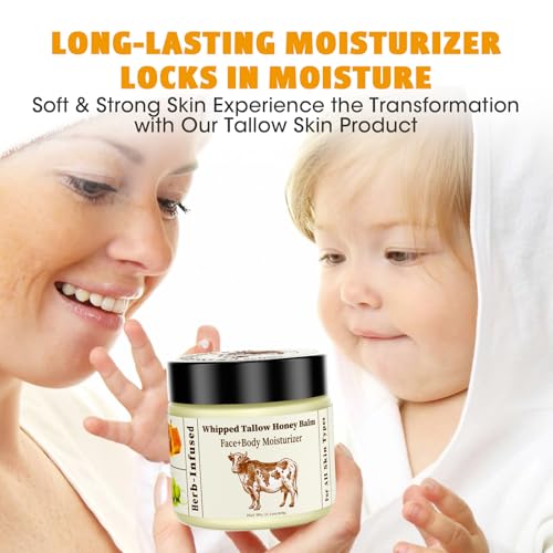 Beef Tallow and Honey Balm for Skin, Organic Grass-fed Whipped Beef Tallow Balm With Raw Honey for Face Natural Moisturizer Body Lotion, Skin Care Lip (2.1Oz)