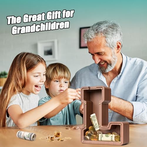 Summidate Wooden Letter Piggy Bank, Extra Thick Large Capacity Piggy Bank for Kids Boys Girls Toddler, Alphabet L Money Bank| Coin Box Birthday, Christmas, Festival