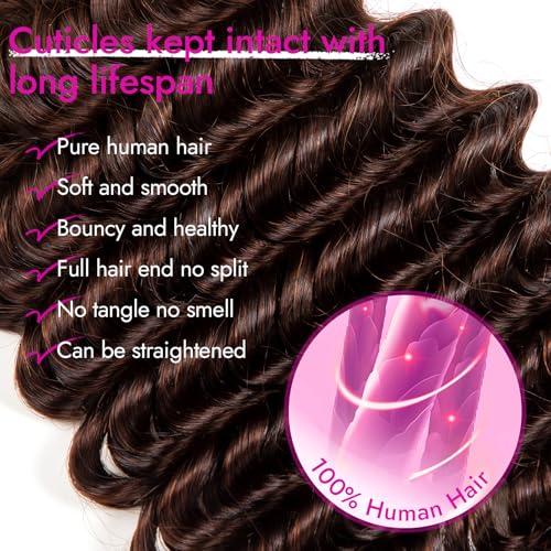28 Inch Human Braiding Hair Deep Water Wave 2 Bundles/Pack 50g, Dark Brown Bulk Human Hair Braiding Hair for Boho Braids, Curly Wet and Wavy Braiding Boho Human Hair for Braiding No Weft