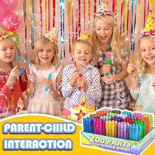 Mini Bubble Wands Bulk 200 Pack 20 Colors, Party Favors Toys for Kids Child, Christmas Celebration,Thanksgiving New Year, Themed Birthday, Wedding, Summer Outdoor, Bath Time, Gifts Box for Girls Boys