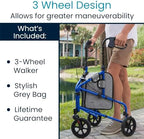 Vive Mobility 3 Wheel Walker - Three Wheeled Rollator for Seniors - Lightweight, Foldable, Narrow, Heavy Duty - for Elderly Men Women - Folding 3-Wheel Tri Scooter with Basket Bag (FSA HSA Approved)