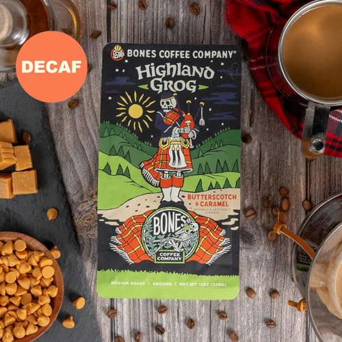 Bones Coffee Company Decaf Highland Grog Flavored Coffee Beans, Medium Roast Ground Coffee Low Acid Decaffeinated, Butterscotch Caramel Flavor (12 oz)