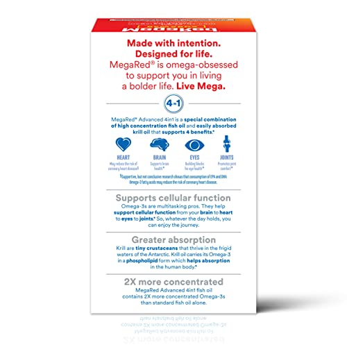 Megared Omega-3 Fish Oil + High Absorption Krill Oil 500mg Softgels, MegaRed Advanced 4in1 (80 count in a bottle) Concentrated Omega-3 Fish & Krill Oil Supplement