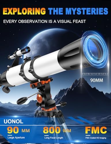 Telescope for Adults High Powered 90mm Aperture 800mm(32X-240X),Refractor Telescopes for Astronomy Beginners with AZ Mount Tripod,Phone Adapter,Carry Bag