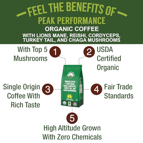 Organic Low Acid Mushroom Coffee with Lion's Mane, Reishi, Cordyceps, Turkey Tail, and Chaga Mushrooms. Premium High Altitude Medium Roast Ground Bags. Great Tasting (Unlike Cheap Instant Coffee)